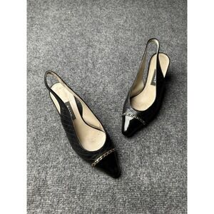 Womens Heels Bally Leather Black Slingback Chain Detail Italy, Size US 7 M